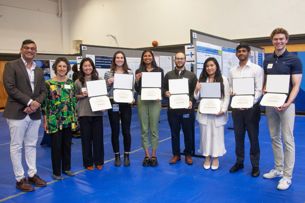 Mallar Bhattacharya, MD, Rita Redberg, MD, and Dean’s Prize Recipients pose at the 2025 UCSF School of Medicine Spring Inquiry Symposium