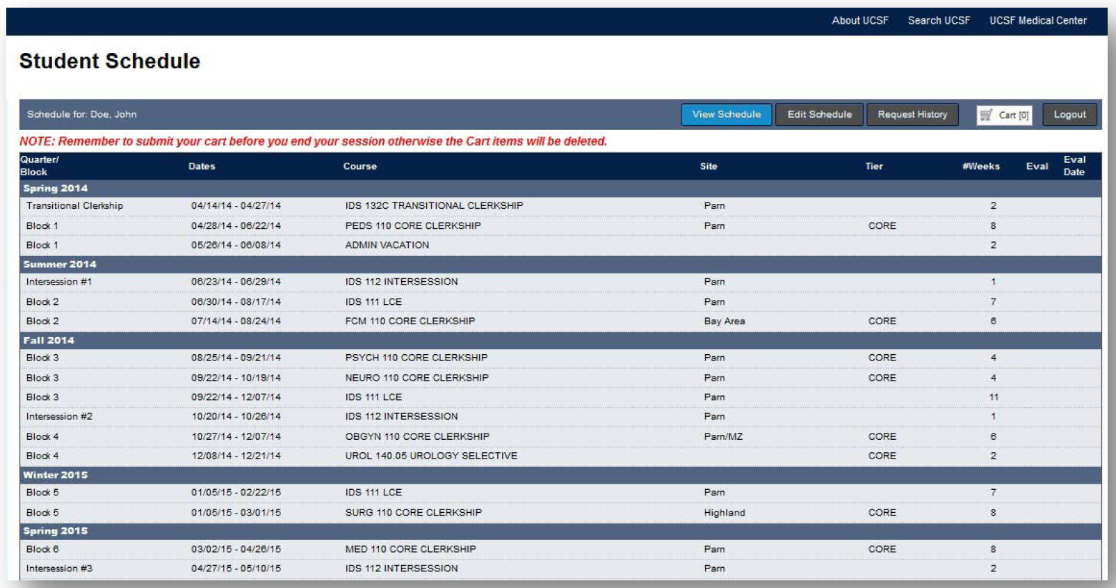 Example of a 4th year schedule view in OARS